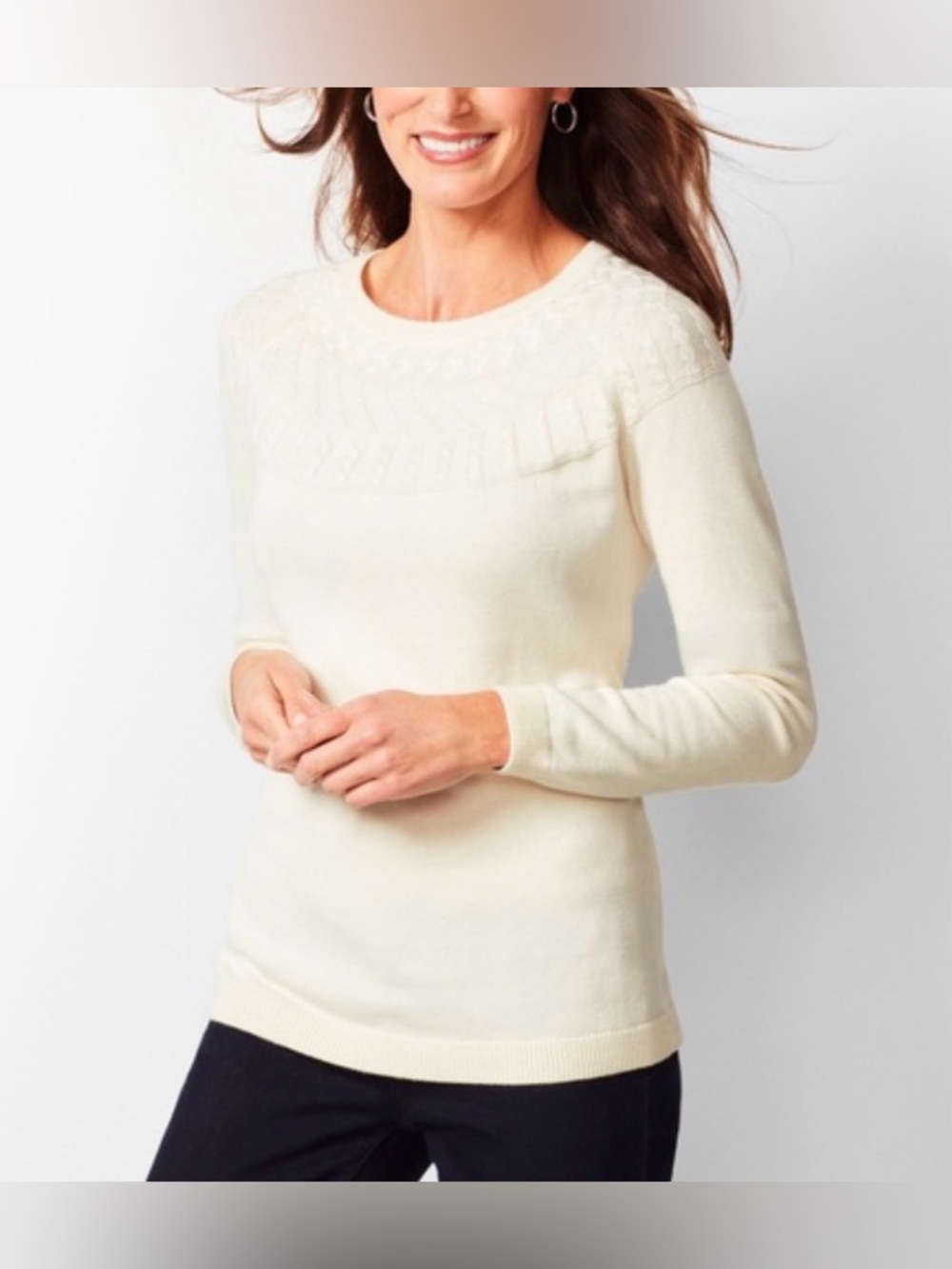 Talbots Ivory Cable-Yoke Scoop Neck Cashmere Blend Sweater